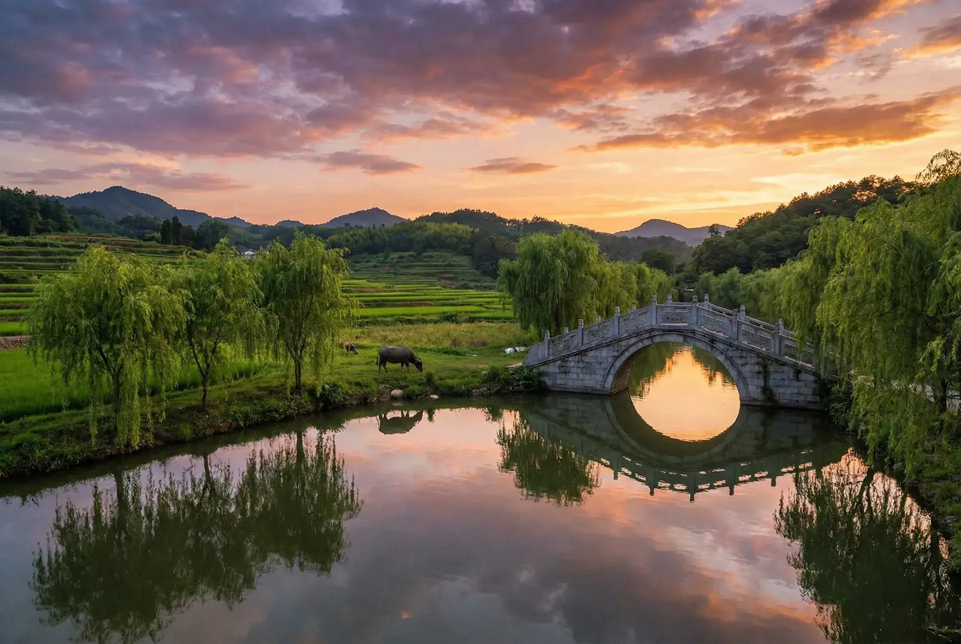 夕阳下的石拱桥与垂柳，水牛在河边吃草 - 蓝鲸紧急出动 乡村美景